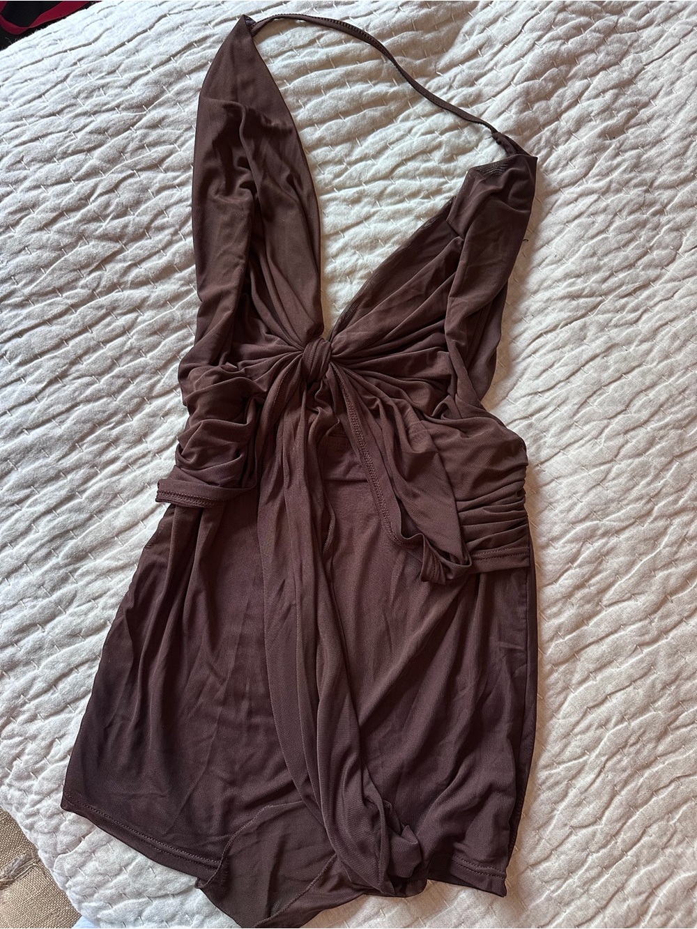 Brown Tie-Front Halter Mini Dress